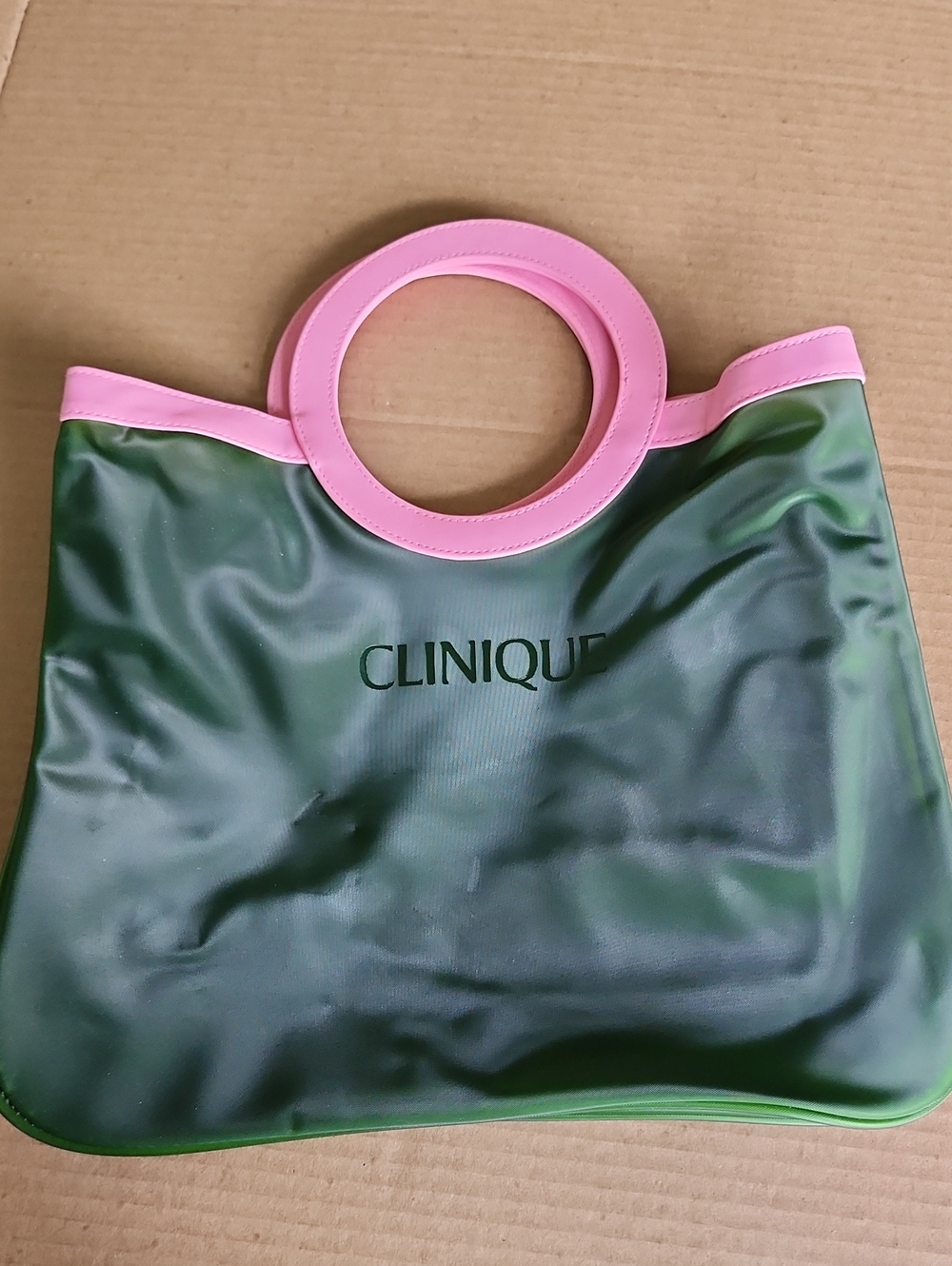 Clinique Green Semi Transparent Tote with Pink Trim and Round Handles